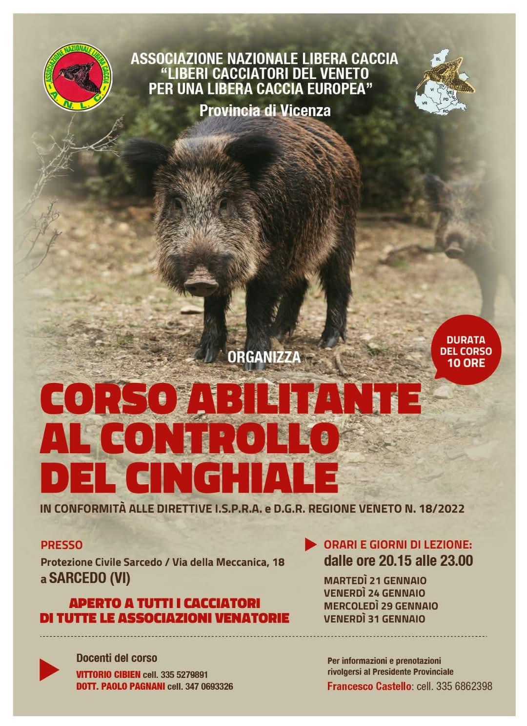 CORSO ABILITANTE AL CONTROLLO DEL CINGHIALE – VICENZA