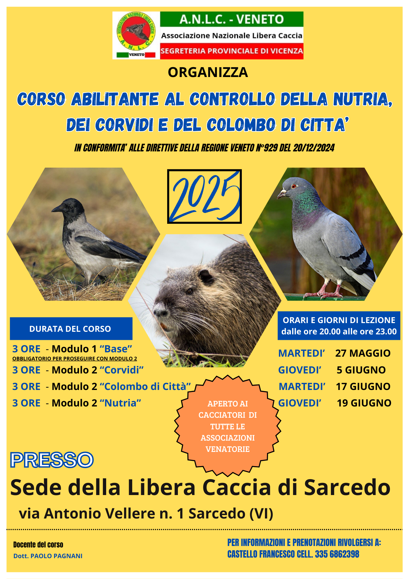 CORSO ABILITANTE AL CONTROLLO DELLA NUTRIA DEI CORVIDI E DEL COLOMBO DI CITTA’